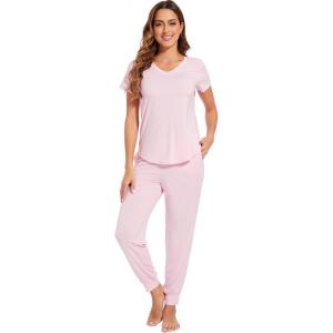imageWiWi Pajamas for Women Soft Pajama Sets Short Sleeve Tops with Jogger Pants Viscose from Bamboo Pjs SXXLPink