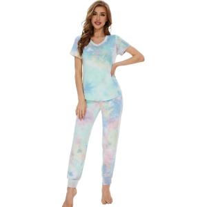 imageWiWi Pajamas for Women Soft Pajama Sets Short Sleeve Tops with Jogger Pants Viscose from Bamboo Pjs SXXLTie Dye
