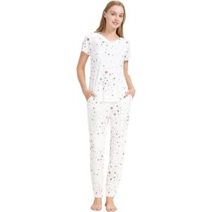 imageWiWi Pajamas for Women Soft Pajama Sets Short Sleeve Tops with Jogger Pants Viscose from Bamboo Pjs SXXLWhite Stars