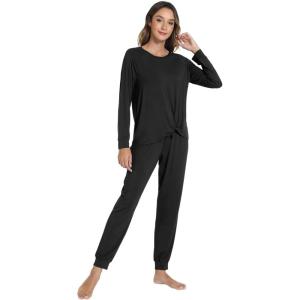 imageWiWi Womens Pajamas Set Long Sleeve Sleepwear Tops with Jogger Pants Viscose from Bamboo Super soft Lounge Pjs Sets SXXLBlack