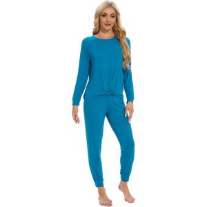 imageWiWi Womens Pajamas Set Long Sleeve Sleepwear Tops with Jogger Pants Viscose from Bamboo Super soft Lounge Pjs Sets SXXLTeal Blue