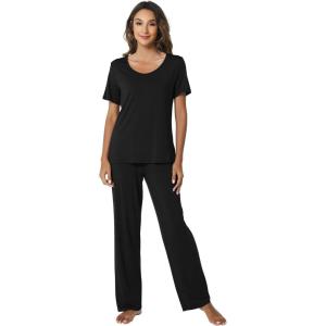 imageWiWi Womens Viscose from Bamboo Pajamas Set 2 Piece Soft Top with Long Pants Pjs Sleepwear Lightweight Loungewear Sets SXXLAblack
