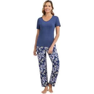 imageWiWi Womens Viscose from Bamboo Pajamas Set 2 Piece Soft Top with Long Pants Pjs Sleepwear Lightweight Loungewear Sets SXXLAblue DepthGray Peony