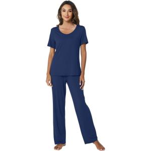 imageWiWi Womens Viscose from Bamboo Pajamas Set 2 Piece Soft Top with Long Pants Pjs Sleepwear Lightweight Loungewear Sets SXXLAdark Blue