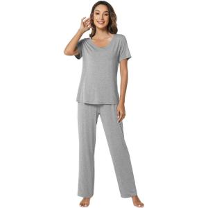 imageWiWi Womens Viscose from Bamboo Pajamas Set 2 Piece Soft Top with Long Pants Pjs Sleepwear Lightweight Loungewear Sets SXXLAheather Grey