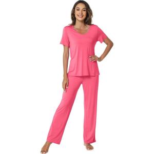 imageWiWi Womens Viscose from Bamboo Pajamas Set 2 Piece Soft Top with Long Pants Pjs Sleepwear Lightweight Loungewear Sets SXXLAhot Pink