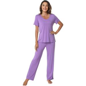 imageWiWi Womens Viscose from Bamboo Pajamas Set 2 Piece Soft Top with Long Pants Pjs Sleepwear Lightweight Loungewear Sets SXXLAmedium Purple