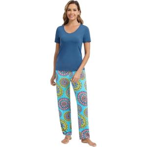 imageWiWi Womens Viscose from Bamboo Pajamas Set 2 Piece Soft Top with Long Pants Pjs Sleepwear Lightweight Loungewear Sets SXXLAprussian Bluedatura