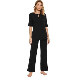 imageWiWi Womens Viscose from Bamboo Pajamas Set 2 Piece Soft Top with Long Pants Pjs Sleepwear Lightweight Loungewear Sets SXXLBblack