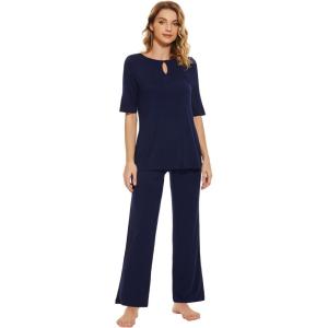 imageWiWi Womens Viscose from Bamboo Pajamas Set 2 Piece Soft Top with Long Pants Pjs Sleepwear Lightweight Loungewear Sets SXXLBnavy