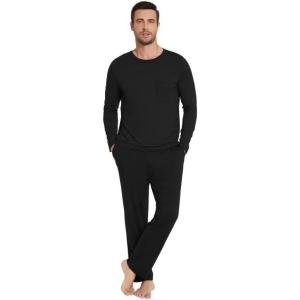 imageWiWi Mens Pajamas Set Lightweight Sleepwear Long Sleeve Sleep Shirt and Long Pants Viscose from Bamboo Lounge Sets SXXLBlack