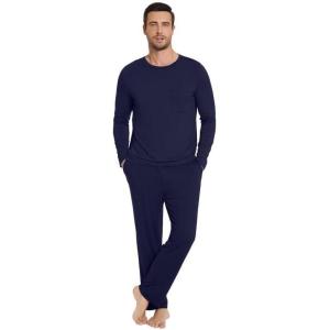 imageWiWi Mens Pajamas Set Lightweight Sleepwear Long Sleeve Sleep Shirt and Long Pants Viscose from Bamboo Lounge Sets SXXLNavy