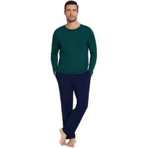 imageWiWi Mens Pajamas Set Lightweight Sleepwear Long Sleeve Sleep Shirt and Long Pants Viscose from Bamboo Lounge Sets SXXLPeacock Greennavy