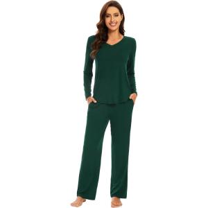 imageWiWi Pajamas for Women Long Sleeve Sleepwear with Pants Set Soft Casual Pj Warm Viscose from Bamboo Lounge Sets SXXLAfence Green