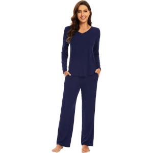imageWiWi Pajamas for Women Long Sleeve Sleepwear with Pants Set Soft Casual Pj Warm Viscose from Bamboo Lounge Sets SXXLAnavy
