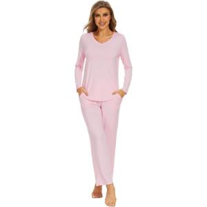 imageWiWi Pajamas for Women Long Sleeve Sleepwear with Pants Set Soft Casual Pj Warm Viscose from Bamboo Lounge Sets SXXLApink