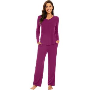 imageWiWi Pajamas for Women Long Sleeve Sleepwear with Pants Set Soft Casual Pj Warm Viscose from Bamboo Lounge Sets SXXLApurplish Red