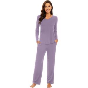 imageWiWi Pajamas for Women Long Sleeve Sleepwear with Pants Set Soft Casual Pj Warm Viscose from Bamboo Lounge Sets SXXLAviolet