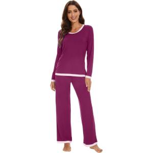 imageWiWi Womens Pajama Sets Soft Long Sleeves Top with Pants PJ 2 Piece Viscose from Bamboo Loungewear Set SXXLApurplish Red