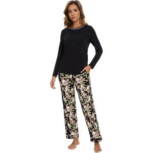 imageWiWi Long Sleeve Womens Pajamas Set with Pocket Viscose from Bamboo Lounge Sets Soft Printed Pajama Sleepwear SXXLBlackblack Floral