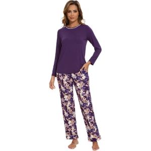 imageWiWi Long Sleeve Womens Pajamas Set with Pocket Viscose from Bamboo Lounge Sets Soft Printed Pajama Sleepwear SXXLDark Purpledark Purple Floral