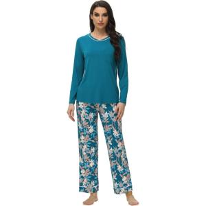 imageWiWi Long Sleeve Womens Pajamas Set with Pocket Viscose from Bamboo Lounge Sets Soft Printed Pajama Sleepwear SXXLTeal Blueteal Blue Floral
