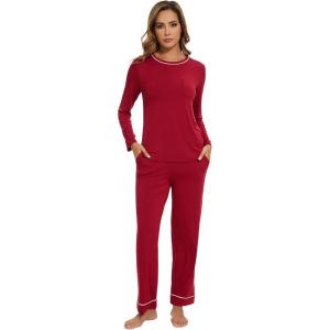 imageWiWi Long Sleeve Womens Pajamas Set with Pocket Viscose from Bamboo Lounge Sets Soft Printed Pajama Sleepwear SXXLWine Red