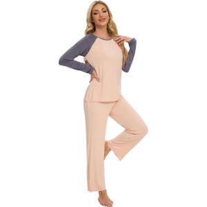 imageWiWi Viscose from Bamboo Womens Long Sleeve Pajama Set Raglan Sleeve Top and Pants Set Lightweight Sleepwear SXXLBeigeDark Grey