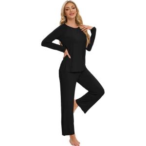 imageWiWi Viscose from Bamboo Womens Long Sleeve Pajama Set Raglan Sleeve Top and Pants Set Lightweight Sleepwear SXXLBlack