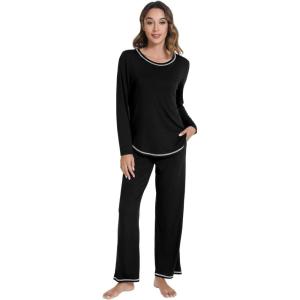 imageWiWi Womens Pajama Set Crew Neck Soft LongSleeve Top and Bottom Sleepwear with Pocket Viscose from Bamboo SXXLBlack