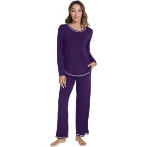 imageWiWi Womens Pajama Set Crew Neck Soft LongSleeve Top and Bottom Sleepwear with Pocket Viscose from Bamboo SXXLDark Purple