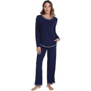 imageWiWi Womens Pajama Set Crew Neck Soft LongSleeve Top and Bottom Sleepwear with Pocket Viscose from Bamboo SXXLNavy