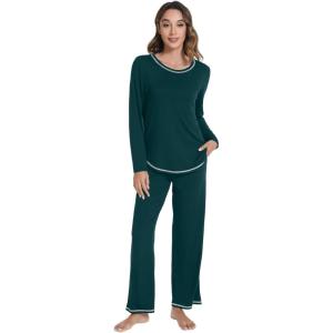 imageWiWi Womens Pajama Set Crew Neck Soft LongSleeve Top and Bottom Sleepwear with Pocket Viscose from Bamboo SXXLPeacock Green