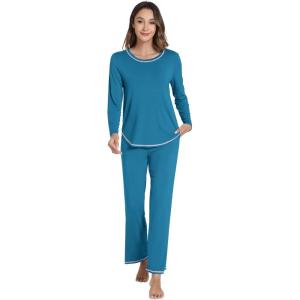 imageWiWi Womens Pajama Set Crew Neck Soft LongSleeve Top and Bottom Sleepwear with Pocket Viscose from Bamboo SXXLTeal Blue