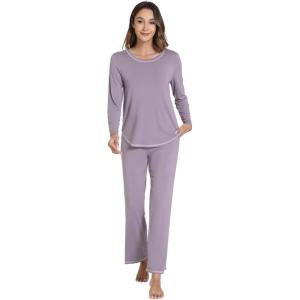 imageWiWi Womens Pajama Set Crew Neck Soft LongSleeve Top and Bottom Sleepwear with Pocket Viscose from Bamboo SXXLViolet