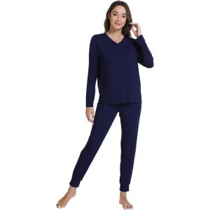 imageWiWi Womens Pajama Set Long Sleeve Shirt and Jogger Bottom Viscose from Bamboo Pajamas Sleepwear Nightwear SXXLNavy