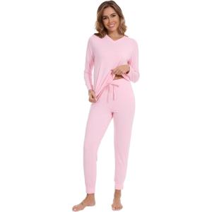 imageWiWi Womens Pajama Set Long Sleeve Shirt and Jogger Bottom Viscose from Bamboo Pajamas Sleepwear Nightwear SXXLPink