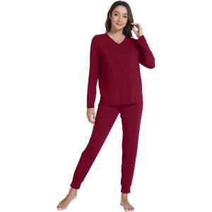 imageWiWi Womens Pajama Set Long Sleeve Shirt and Jogger Bottom Viscose from Bamboo Pajamas Sleepwear Nightwear SXXLWine