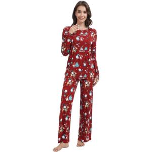 imageWiWi Bamboo Viscose Pajama Set for Women Soft Long Sleeve Top with Pants Sleepwear 2 Piece Pjs Sets Sleepwear SXXLChristmas Elk on Red