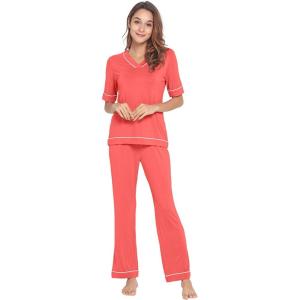 imageWiWi Viscose from Bamboo Womens Pajamas Set Soft V Neck Sleepwear Short Sleeve Top with Pant Lightweight S3XEcoral