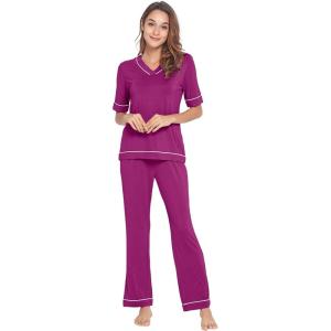 imageWiWi Viscose from Bamboo Womens Pajamas Set Soft V Neck Sleepwear Short Sleeve Top with Pant Lightweight S3XEdark Reddish Purple