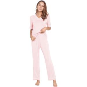 imageWiWi Viscose from Bamboo Womens Pajamas Set Soft V Neck Sleepwear Short Sleeve Top with Pant Lightweight S3XEpink