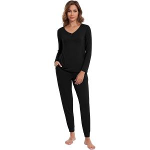 imageWiWi Womens 2 Piece Bamboo from Viscose Pajama Set Long Sleeve Top Jogger Pants Loungewear Pjs Sets SXXLBlack