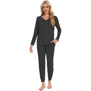 imageWiWi Womens 2 Piece Bamboo from Viscose Pajama Set Long Sleeve Top Jogger Pants Loungewear Pjs Sets SXXLCharcoal Heather