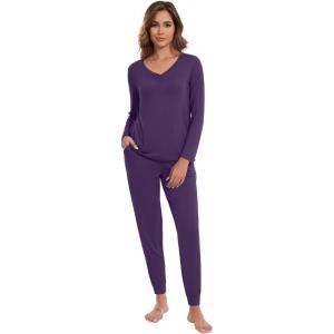 imageWiWi Womens 2 Piece Bamboo from Viscose Pajama Set Long Sleeve Top Jogger Pants Loungewear Pjs Sets SXXLDark Purple