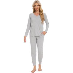 imageWiWi Womens 2 Piece Bamboo from Viscose Pajama Set Long Sleeve Top Jogger Pants Loungewear Pjs Sets SXXLLight Heather Grey
