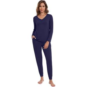 imageWiWi Womens 2 Piece Bamboo from Viscose Pajama Set Long Sleeve Top Jogger Pants Loungewear Pjs Sets SXXLNavy