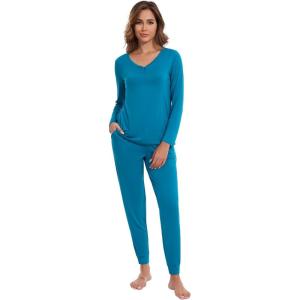 imageWiWi Womens 2 Piece Bamboo from Viscose Pajama Set Long Sleeve Top Jogger Pants Loungewear Pjs Sets SXXLTeal Blue