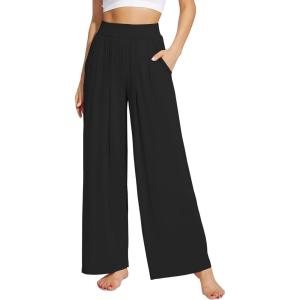 imageWiWi Womens Wide Leg Palazzo Lounge Pants Viscose from Bamboo Sweatpants Comfy Sleep Bottoms with Pockets SXXLBlack