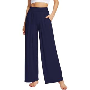 imageWiWi Womens Wide Leg Palazzo Lounge Pants Viscose from Bamboo Sweatpants Comfy Sleep Bottoms with Pockets SXXLNavy